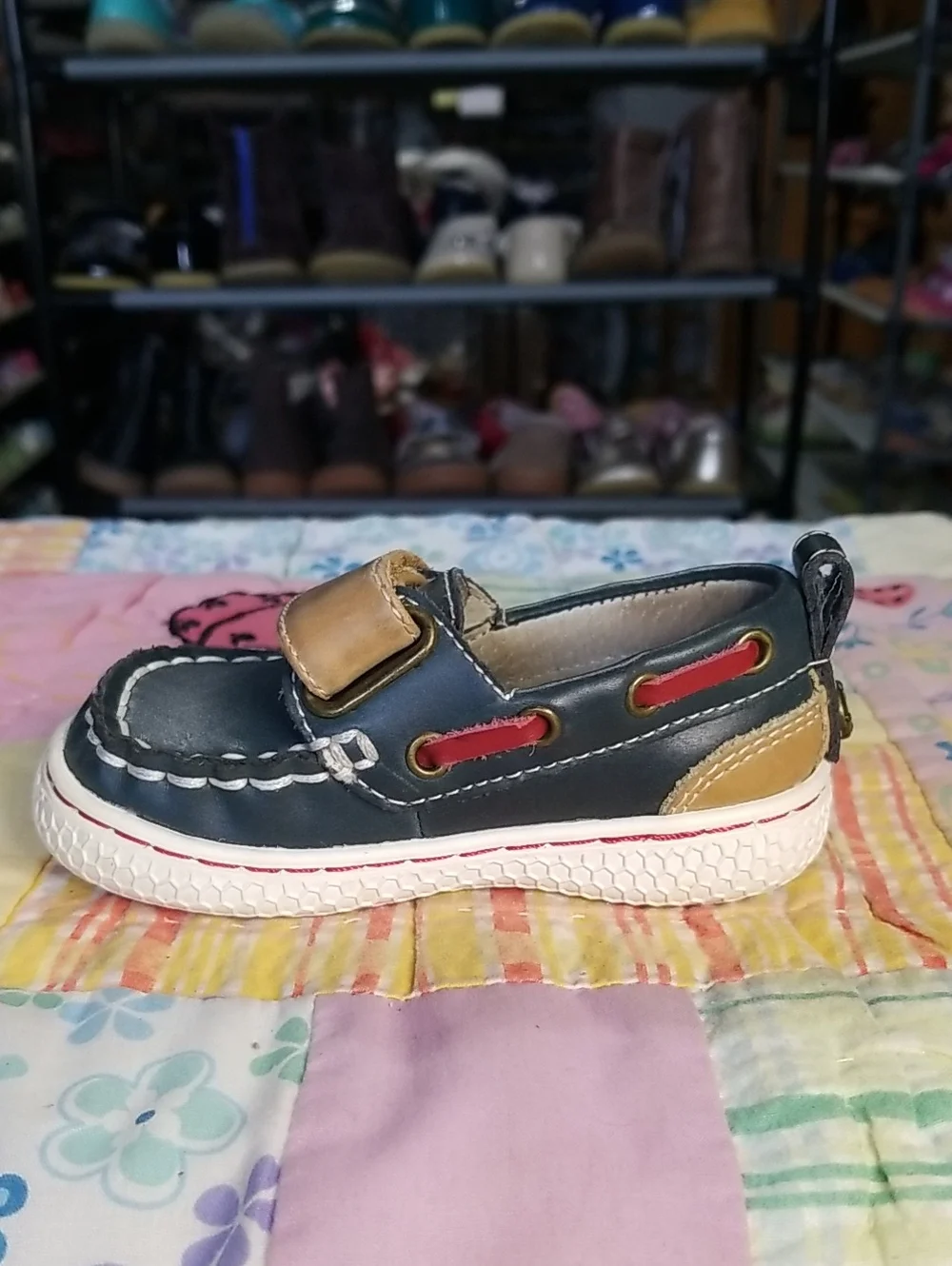 Livie & Luca Navy and Tan Leather Hook-and-Loop Loafers Size 4